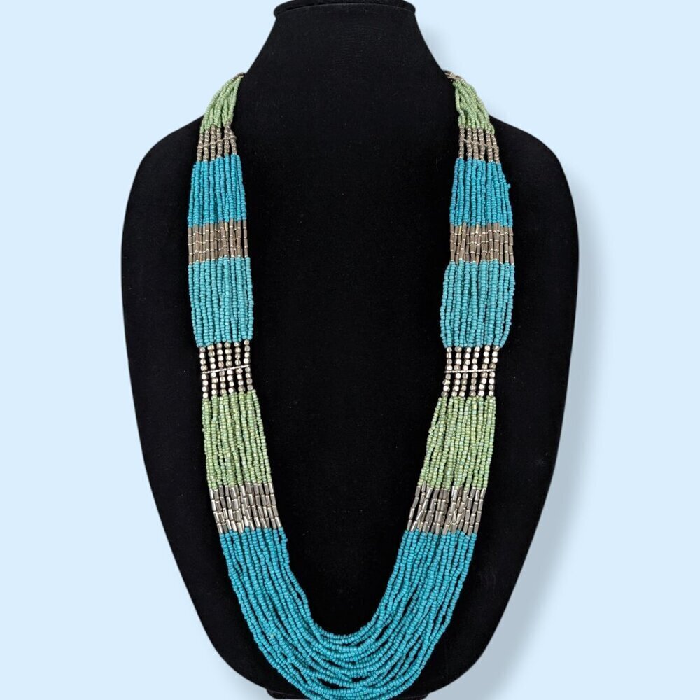 18-Strand Blue & Green Seed Bead Necklace